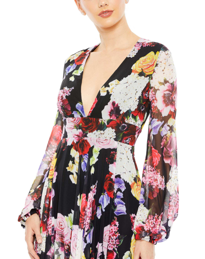 Mac Duggal Floral Print Illusion Long Sleeve V Neck Gown In Black Multi