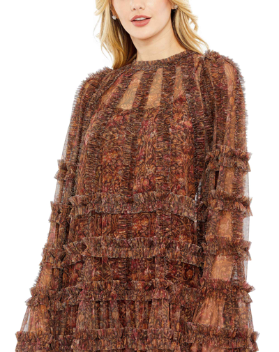 Shop Mac Duggal Floral Print Long Flare Sleeve Mesh A-line Dress In Brown Multi