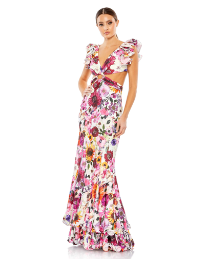 Shop Mac Duggal Floral Print Ruffle Shoulder Cut Out Gown In White Multi
