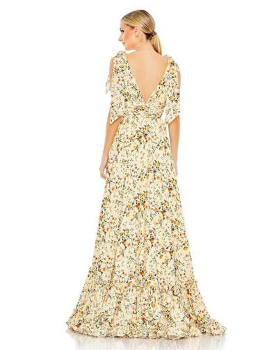 Shop Mac Duggal Floral Print Soft Tie Sleeveless Tiered Gown In Yellow/multi