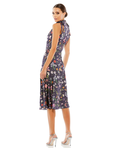 Ieena For Mac Duggal Floral Print Ruched Halter Tie Neck Midi Dress In Plum Floral