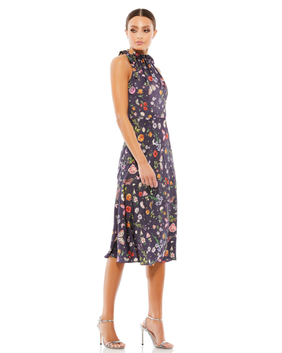 Ieena For Mac Duggal Floral Print Ruched Halter Tie Neck Midi Dress In Plum Floral