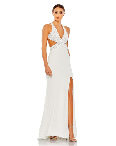 Shop Mac Duggal Floral Sequined Criss Cross Bodice Gown In White