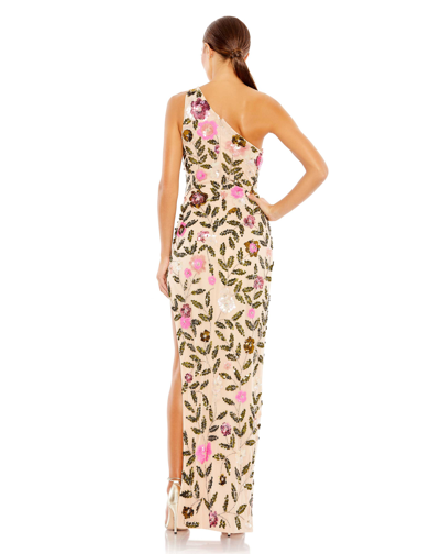 Mac Duggal Floral Sequined One Shoulder Column Gown In Nude Multi