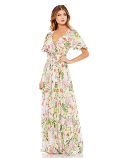 Shop Mac Duggal Floral Print Faux Wrap Flutter Sleeve A Line Gown In Floral Multi