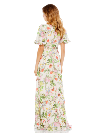 Shop Mac Duggal Floral Print Faux Wrap Flutter Sleeve A Line Gown In Floral Multi