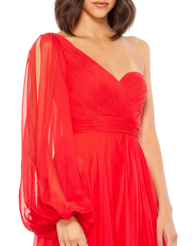 Shop Mac Duggal Flowy One Sleeve Chiffon Gown In Red