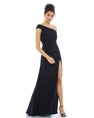 Shop Ieena For Mac Duggal Foldover Off-the-shoulder Slit Gown In Navy