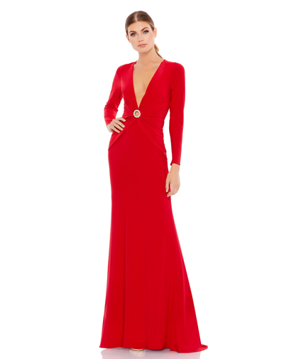 Shop Ieena For Mac Duggal Gathered Pearl Long Sleeve Keyhole Gown In Red