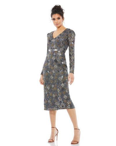 Shop Mac Duggal Geo Embellished Midi Sheath Dress In Charcoal