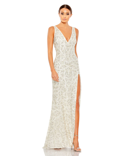 Shop Mac Duggal Embellished V Neck Sleeveless Gown In Ivory