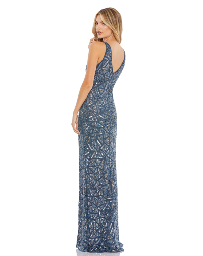 Shop Mac Duggal Embellished V Neck Sleeveless Gown In Slate Blue