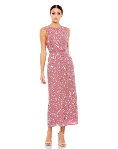 Shop Mac Duggal Geometric Patterned Sequin Midi Dress - Final Sale In Rosewood