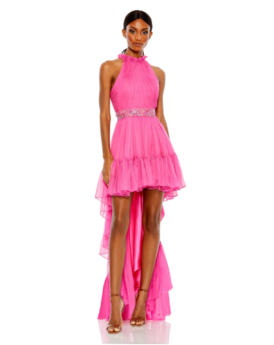 Shop Mac Duggal Halter Neck High Low Flowy Gown - Final Sale In Hot Pink