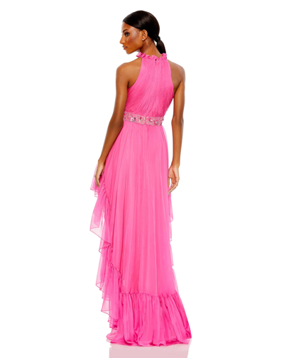 Mac Duggal Halter Neck High Low Flowy Gown In Hot Pink