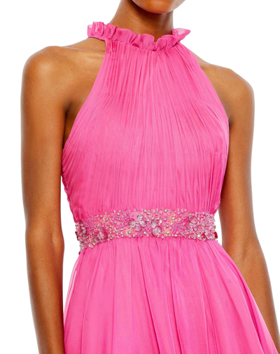 Mac Duggal Halter Neck High Low Flowy Gown In Hot Pink