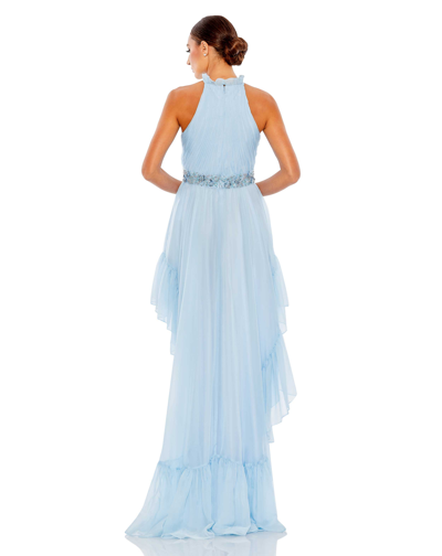 Shop Mac Duggal Halter Neck High Low Flowy Gown - Final Sale In Ice Blue