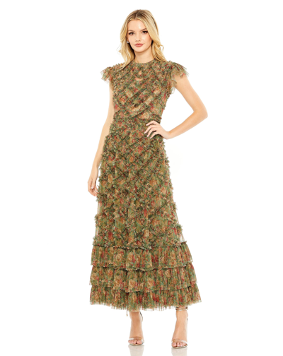 Shop Mac Duggal High Neck Ruffle Cap Sleeve Floral Dress In Green Multi