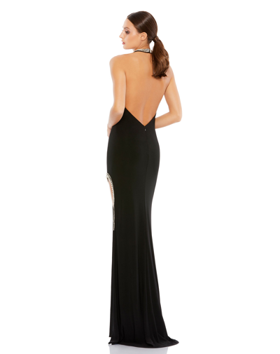 Shop Ieena For Mac Duggal High Slit Halter Gown W/ Rhinestone Accents In Black