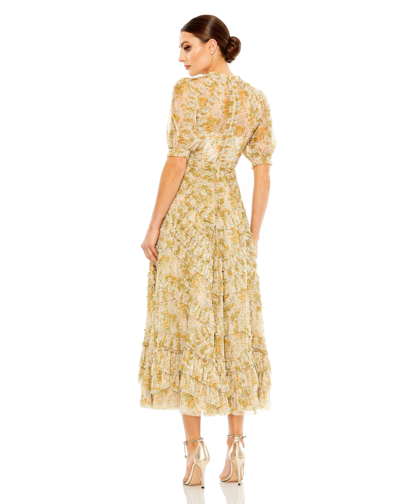 Shop Mac Duggal Mesh Puff Sleeve Floral Print Dress In Yellow Multi