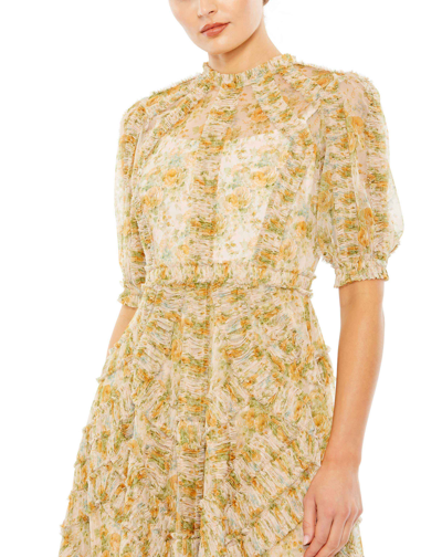 Shop Mac Duggal Mesh Puff Sleeve Floral Print Dress In Yellow Multi
