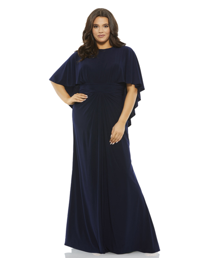 Shop Mac Duggal Jersey Cape Sleeve A Line Gown (plus) In Navy