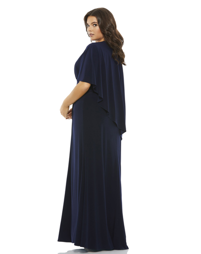 Mac Duggal Navy Jersey Cape Sleeve A Line Gown (plus) In Navy