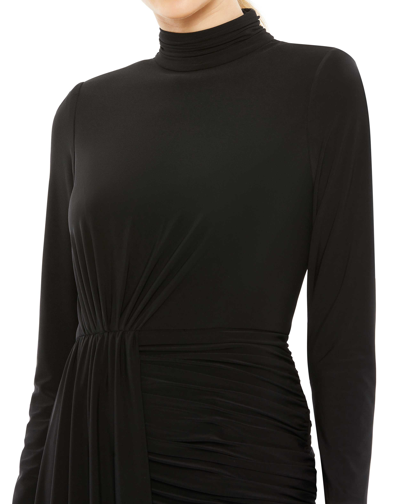 Ieena For Mac Duggal Jersey High Neck Asymmetrical Draped High Low Dress In Black