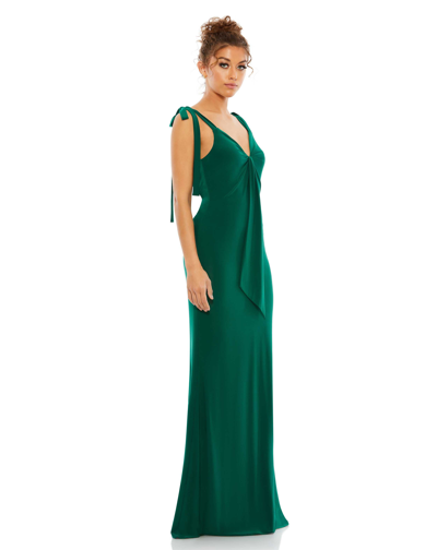 Shop Mac Duggal Jersey Low Back Bow Shoulder Gown In Emerald