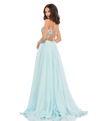 Shop Mac Duggal Jewel Encrusted Thigh High Slit Gown - Final Sale In Aqua