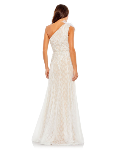 Shop Mac Duggal Lace Embellished Feathered One Shoulder Gown In Ivory