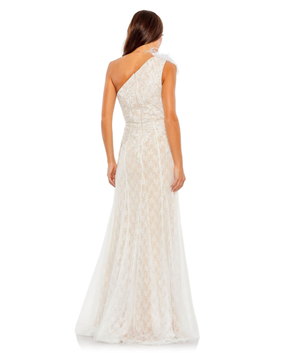 Mac Duggal Lace Embellished Feathered One Shoulder Gown In Ivory