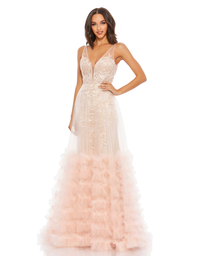 Shop Mac Duggal Lace Ruffle Tiered Sleeveless Plunge Neck Gown In Peach