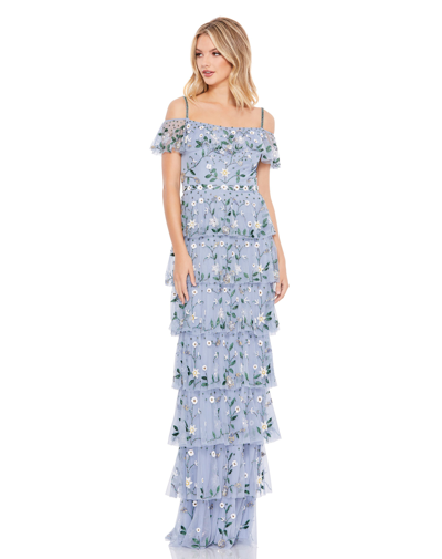 Shop Mac Duggal Off The Shoulder Embroidered Ruffle Tiered Gown In Stormy Blue