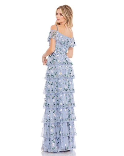 Shop Mac Duggal Off The Shoulder Embroidered Ruffle Tiered Gown In Stormy Blue