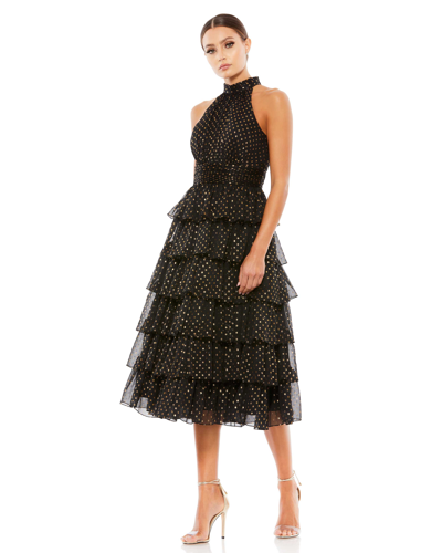 Shop Mac Duggal Layered Polka Dot Halter Cocktail Dress In Black / Gold