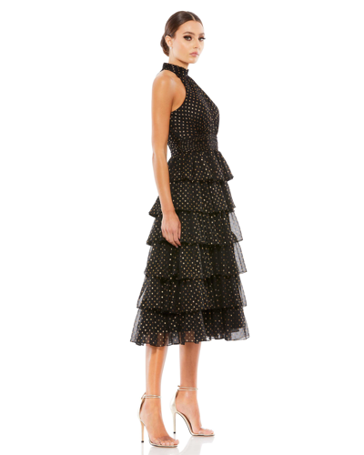 Mac Duggal High-neck Tiered Dotted Midi-dress In Black / Gold