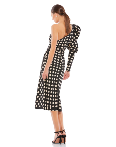 Shop Ieena For Mac Duggal Long Puff Sleeve Polka Dot Tea Length Dress In Black White
