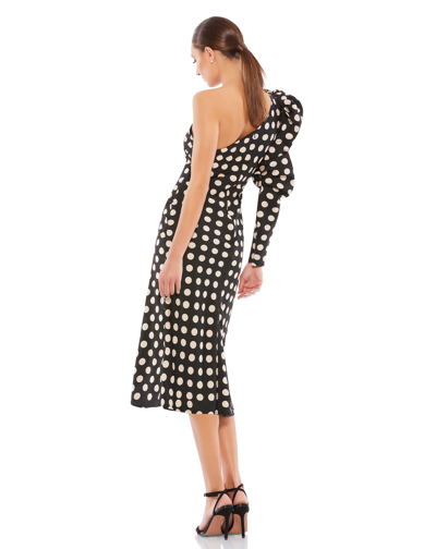 Mac Duggal Long Puff Sleeve Polka Dot Tea Length Dress In Black White