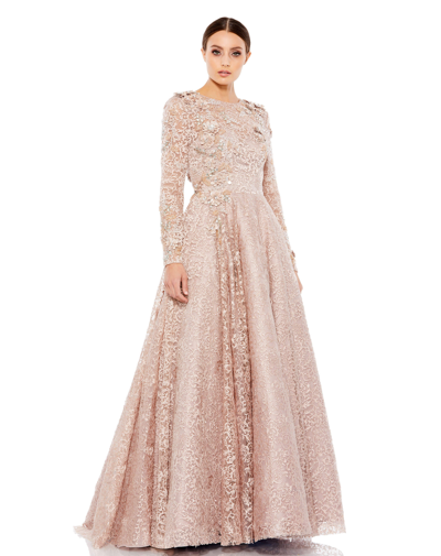 Shop Mac Duggal Embellished Illusion Long Sleeve A Line Gown In Mocha