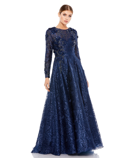 Shop Mac Duggal Embellished Illusion Long Sleeve A Line Gown In Navy