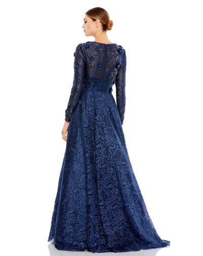 Shop Mac Duggal Embellished Illusion Long Sleeve A Line Gown In Navy