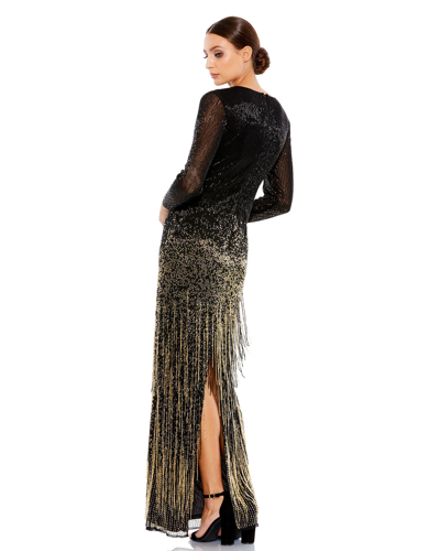 Shop Mac Duggal Long Sleeve Beaded Fringe Evening Gown - Final Sale In Black / Gold