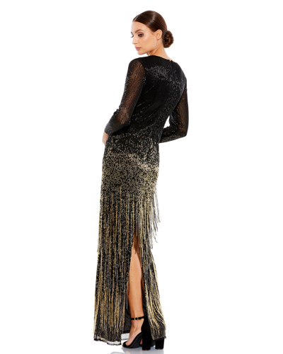 Mac Duggal Long Sleeve Beaded Fringe Evening Gown In Black / Gold