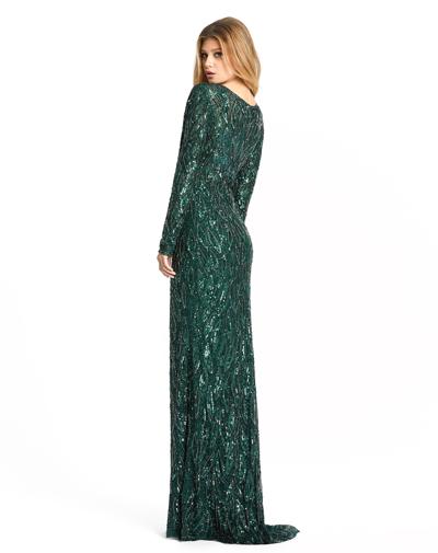 Shop Mac Duggal Long Sleeve Beaded V-neck Gown In Forest Green