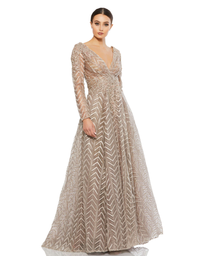 Mac Duggal Embellished Long Sleeve Mesh A-line Gown In Taupe