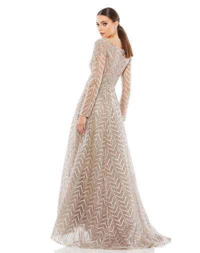 Mac Duggal Embellished Long Sleeve Mesh A-line Gown In Taupe