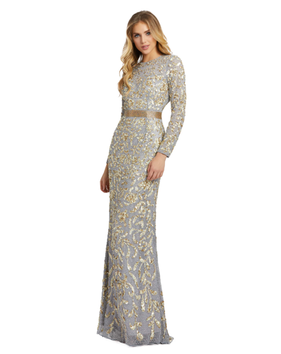 Shop Mac Duggal Long Sleeve Embellished Gown In Platinum/gold
