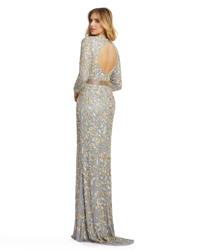Shop Mac Duggal Long Sleeve Embellished Gown In Platinum/gold