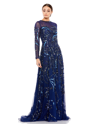 Shop Mac Duggal Long Sleeve Embellished Illusion Evening Gown In Midnight